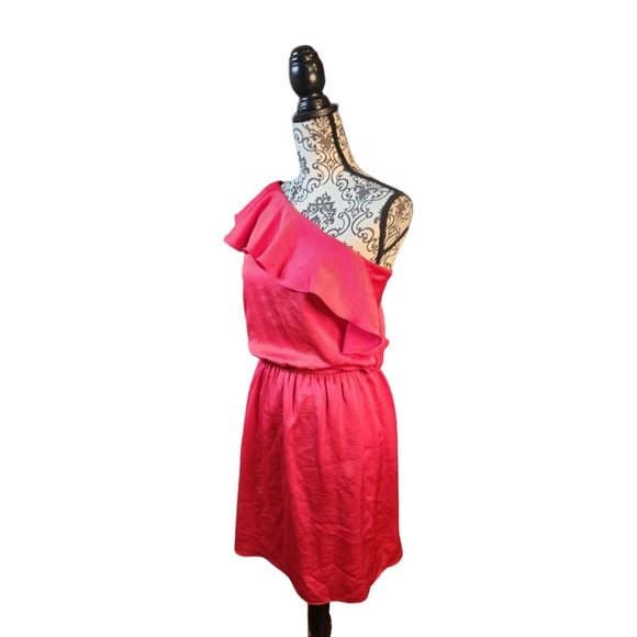 BCBGeneration One Shoulder Lollipop Blouson Ruffle Mini Dress Size L In Hot Pink - Picture 4 of 12